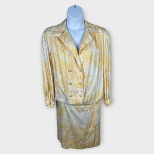 80s vintage yellow tropical floral on white blazer suit dress cotton 2X Dorothy